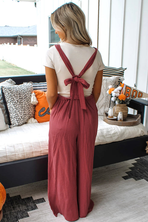 Boho Casual Knotted Back Strap Cotton Bib Front Wide Leg Jumpsuit